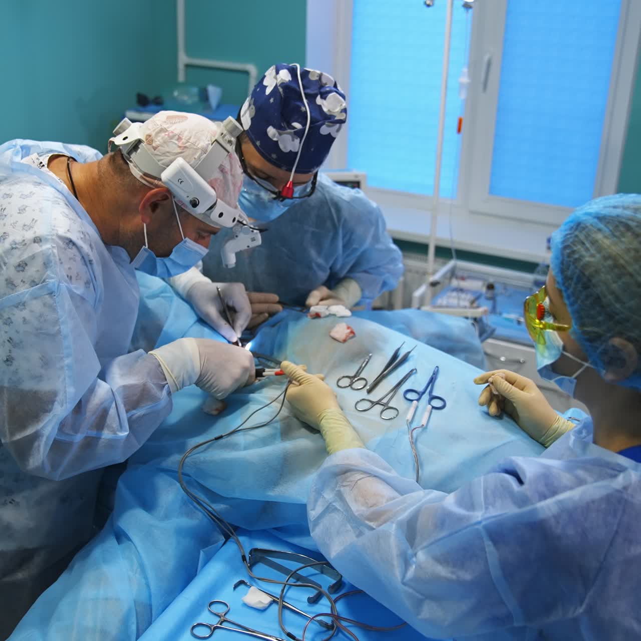 Surgical nurse holding instruments for doctors at operation. High angle view on professionals working in surgery room