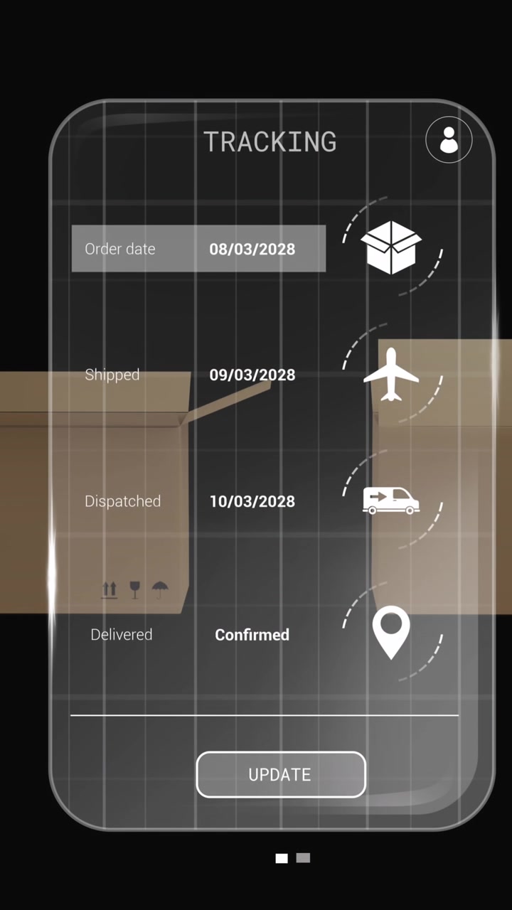 Animazione di interfaccia digitale con icone ed elaborazione dati su scatole su sfondo nero