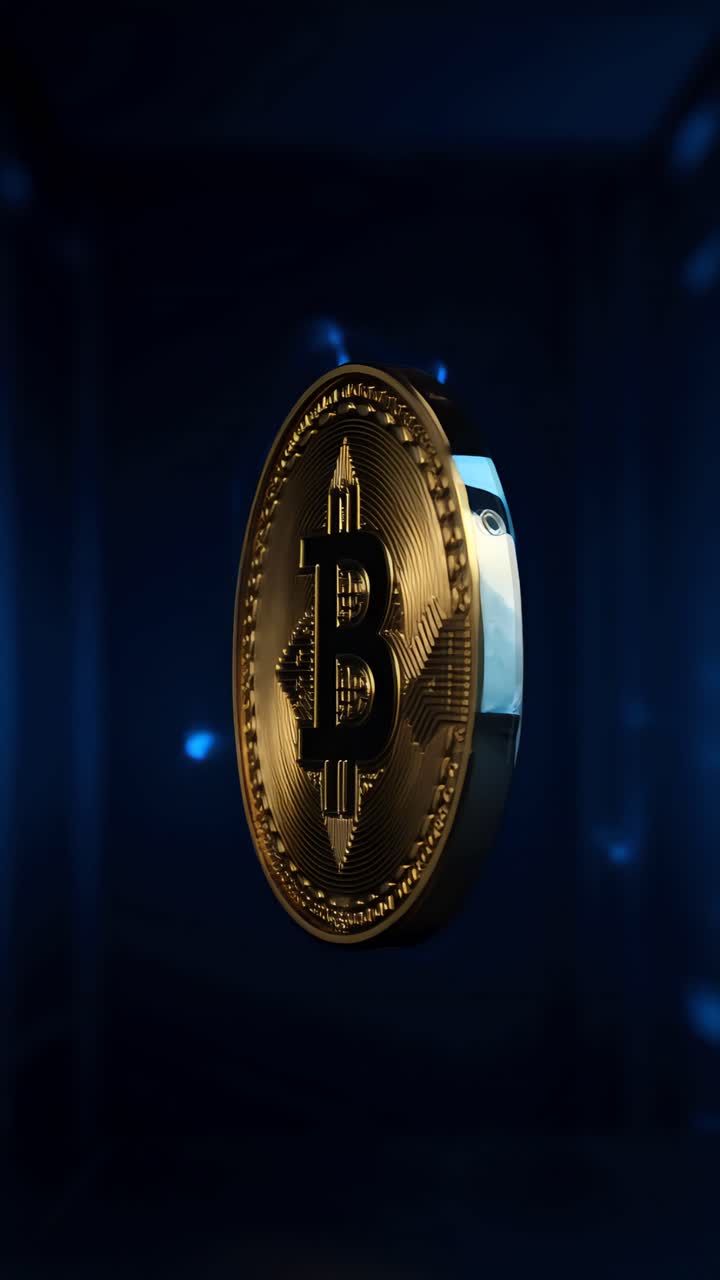 Animação de Bitcoin Dourado Girando em Fundo Escuro Cripto Cinematográfico 4K