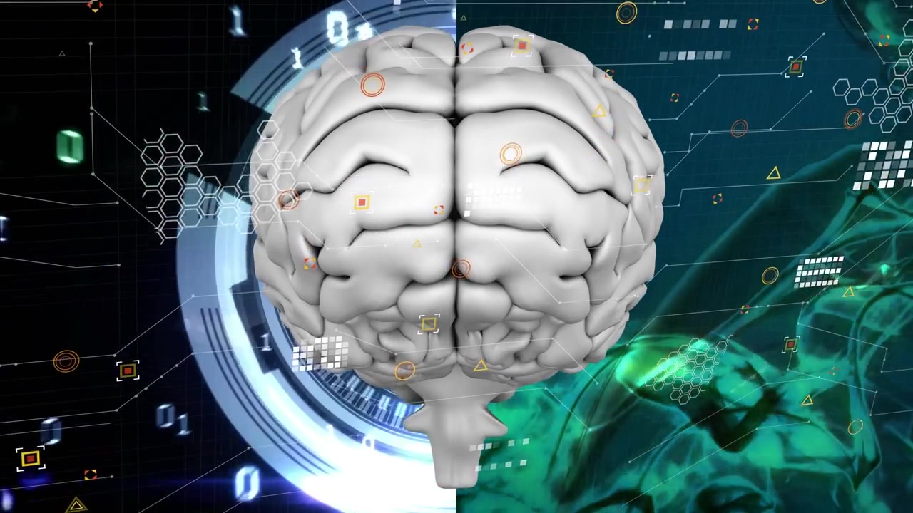Animation of icons, data, waves and brain on navy background