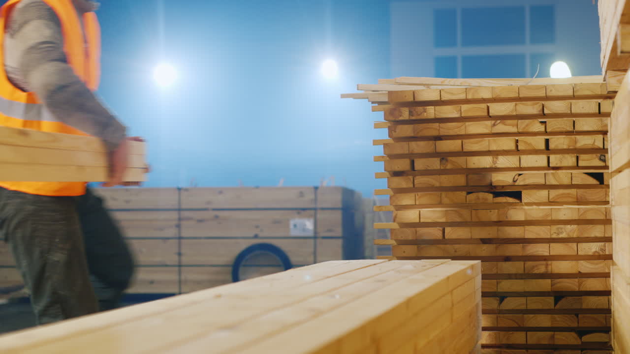 한 무리의 노동자들이 나무 칸막이를 재고로 옮깁니다.