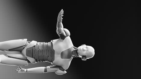 humanoid cyborg prototype moving arm and showing palm hand empty space for adding object ,black background, artificial intelligence concept of futuristic task scenario 3d rendering vertical