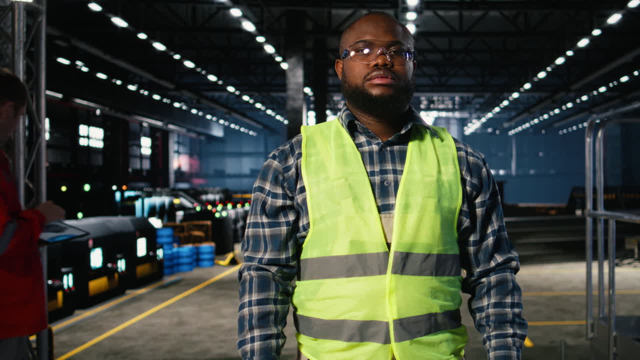 Industrial worker stands near steel machinery during construction tasks