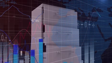 Animation-of-statistical-data-processing-over-drawer-cabinet-against-world-map-on-blue-background