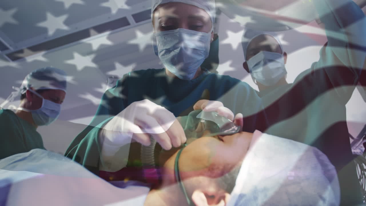 수술실 에서 외과 의사 들 위 에 흔들리는 미국 국기 의 애니메이션