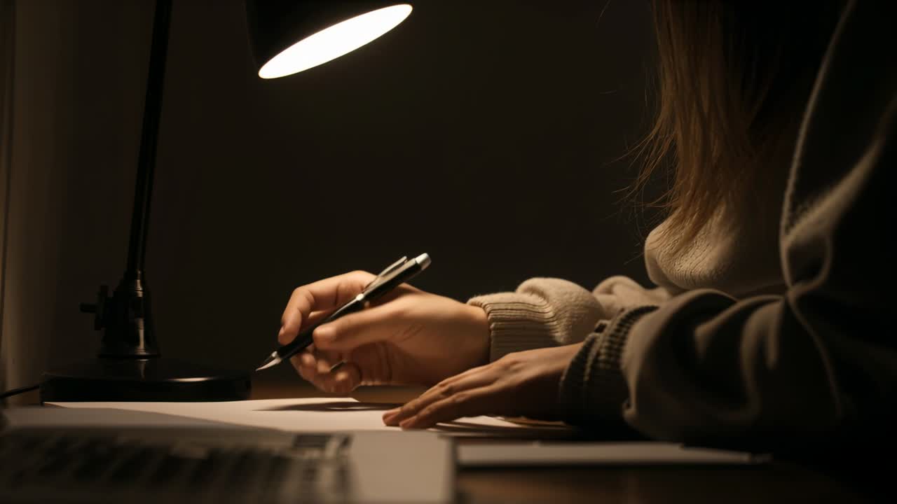 Gericht licht van een lamp valt op een vrouw in een trui die aantekeningen schrijft aan een bureau met een intrekbare pen, met ruimte voor tekst.
