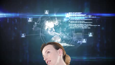 Animation-of-head-of-caucasian-businesswoman-over-screen-with-globe-and-diverse-data