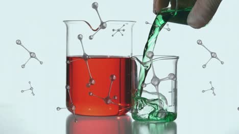 animation of molecules spinning over caucasian male scientist pouring liquid into laboratory beaker