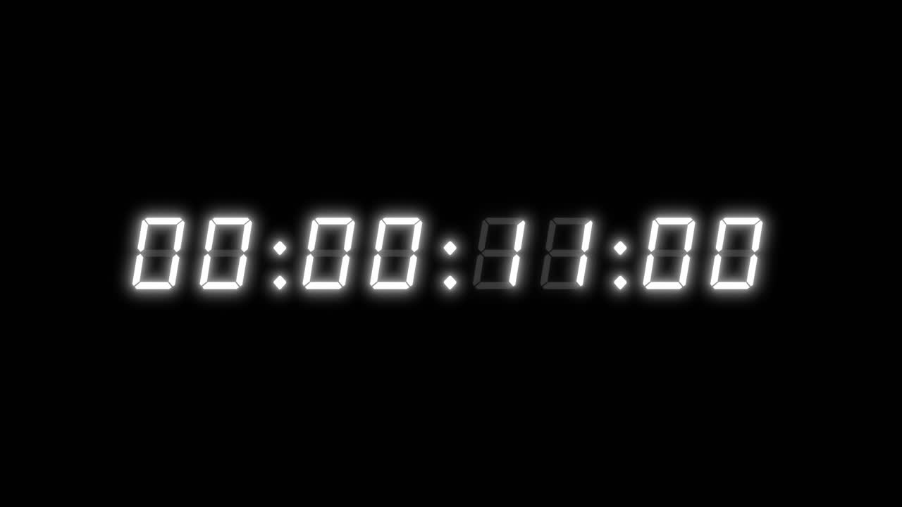 8-digits, green glowing text of 60 seconds (1 minute) digital clock count-up timer. Retro white digits on black color background. Digital alarm clock