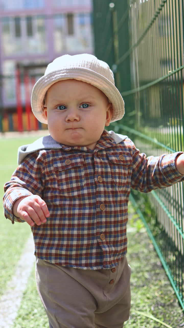 Un bambino di 11 mesi con una camicia e un panama impara a stare in piedi vicino a un pilastro per strada. Sviluppo infantile. Abbigliamento per neonati. Video verticale.