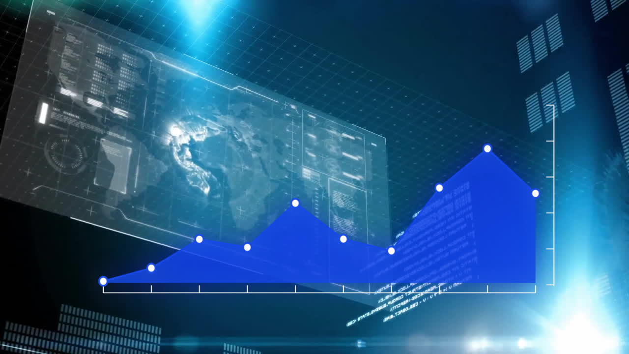 Financial data chart animation over digital world map and futuristic interface