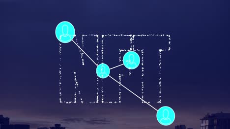 animation of network of digital icons and nft text banner against aerial view of cityscape