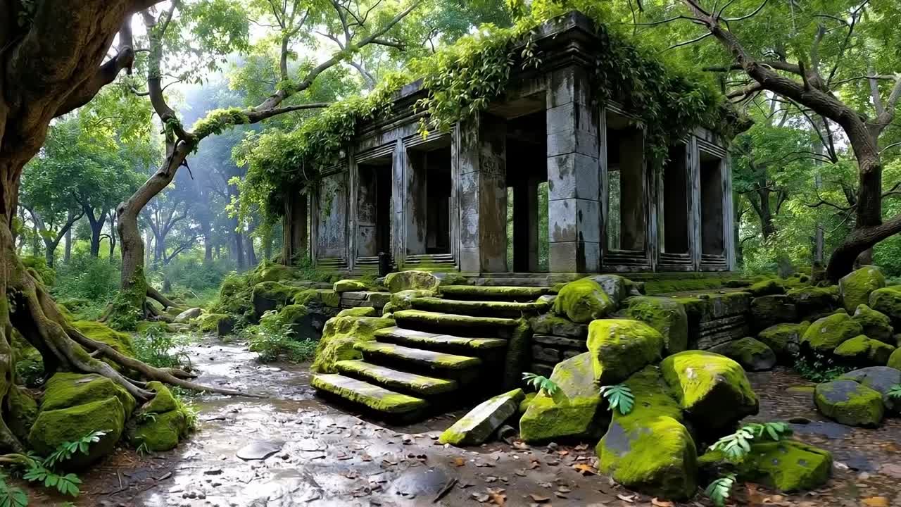 A stone building surrounded by trees and rocks in a forest