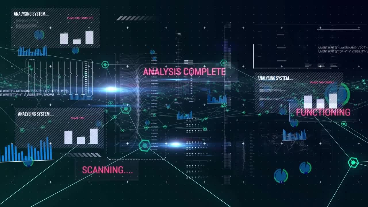 Animation of data processing over dark background