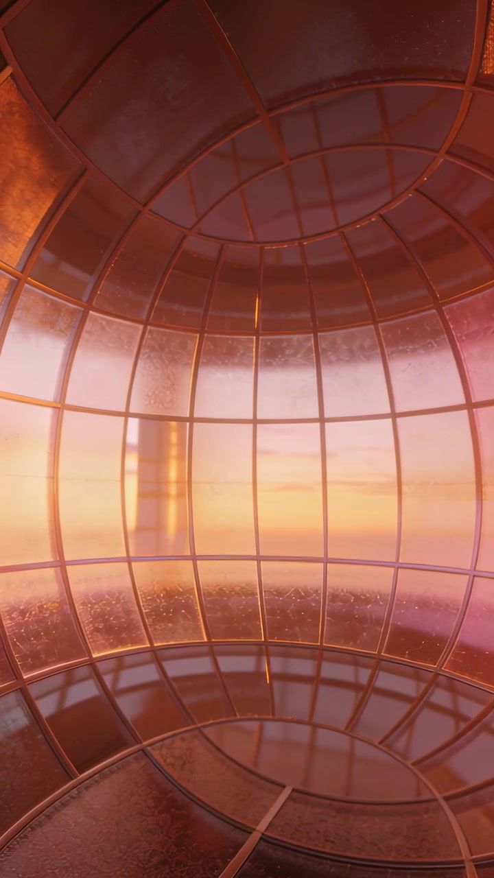 Video vertical: Cámara giratoria moviendo una cúpula de cristal circular, reflejando el atardecer y revelando una cuadrícula
