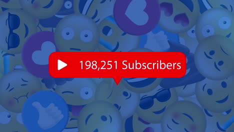 animación de suscriptores creciente número sobre iconos emoji en fondo azul