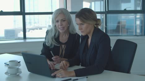 focused female colleagues sitting at laptop together