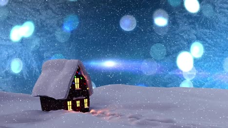 Animation-Von-Schnee,-Der-über-Das-Haus-Fällt,-Und-Leuchtenden-Lichtern