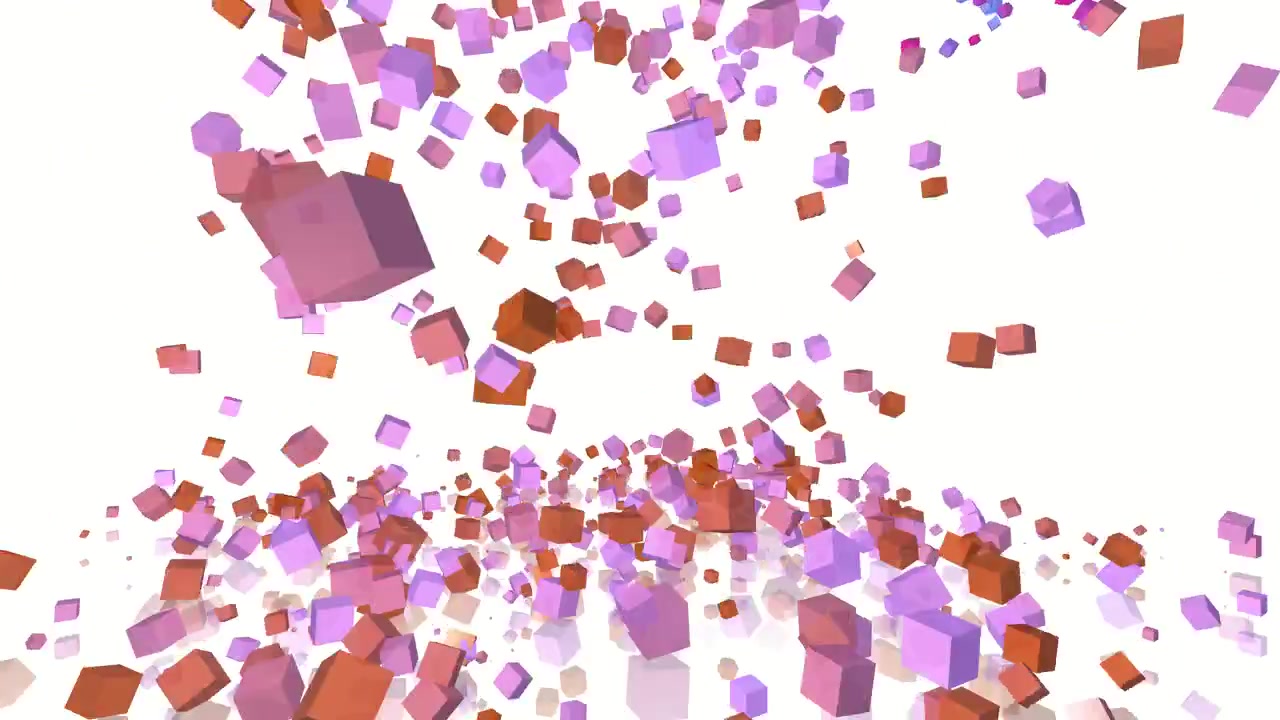 Rendering 3D di blocchi che cadono con cubi colorati che si disperdono e rimbalzano su uno sfondo chiaro, creando un'animazione dinamica progettata per effetti visivi, motion graphics e sovrapposizioni video