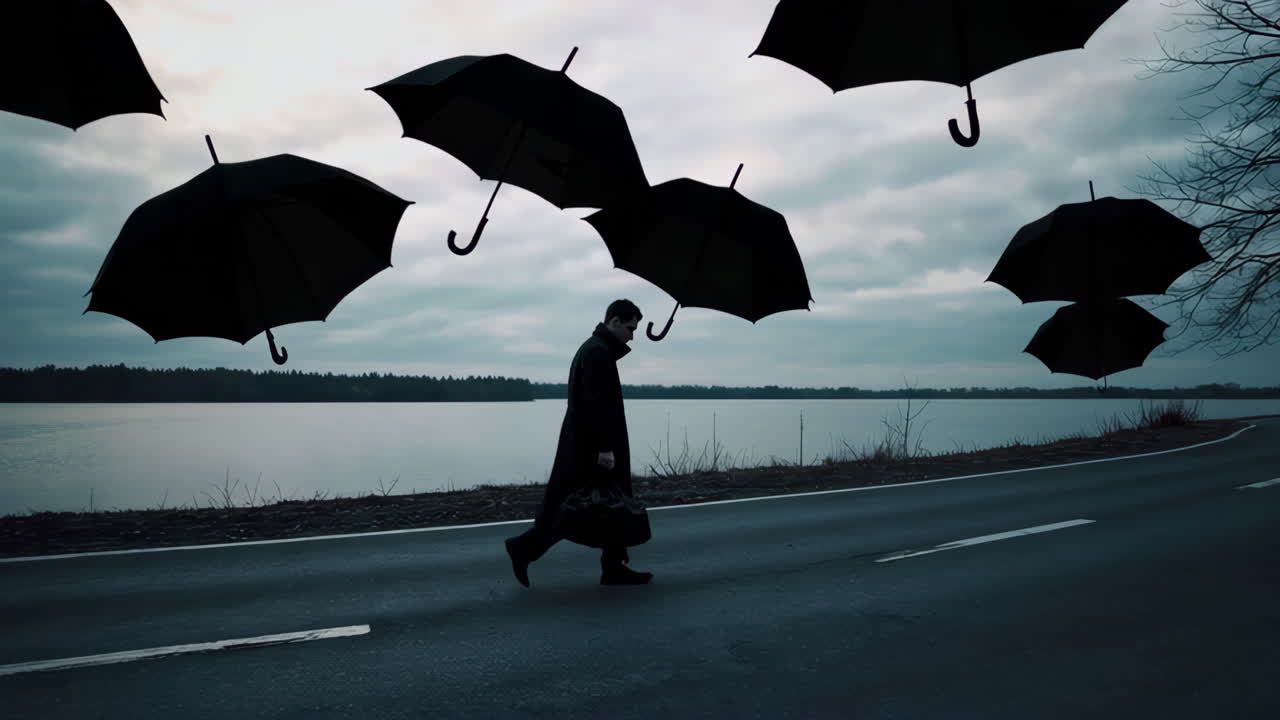 A solitary figure walks along a road under a surreal sky filled with floating black umbrellas