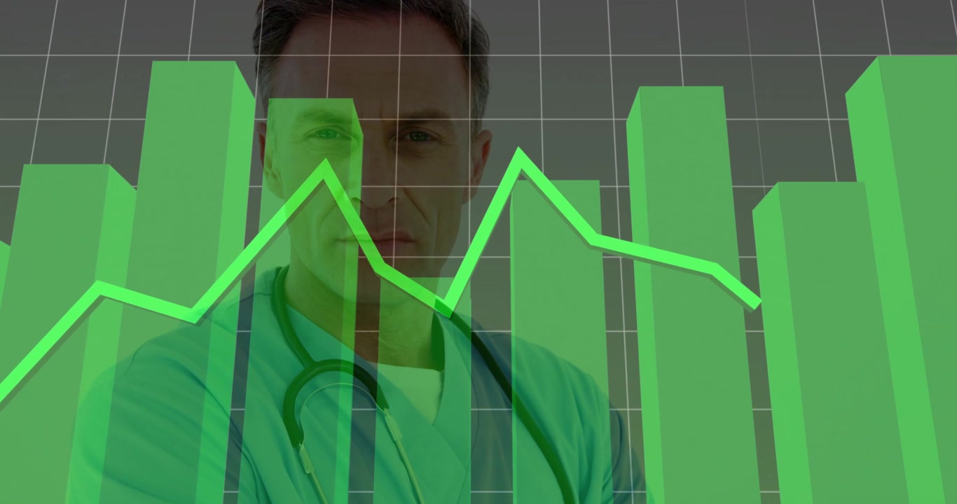Dokter in scrubs observeert groene balken en een lijngrafiek die uitgroeien tot een gezondheidsgrafiek die trends illustreert