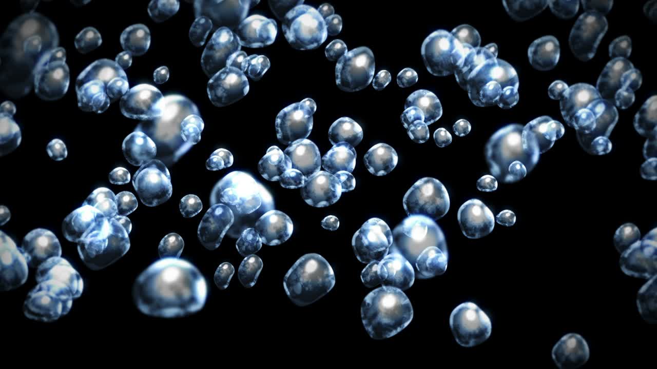 검은 바탕에 많은 물방울이 날아가고, 순수한 물방울, 투명한 표면, 공기 거품이 회전하는 3d 애니메이션, 루프 애니메이션.