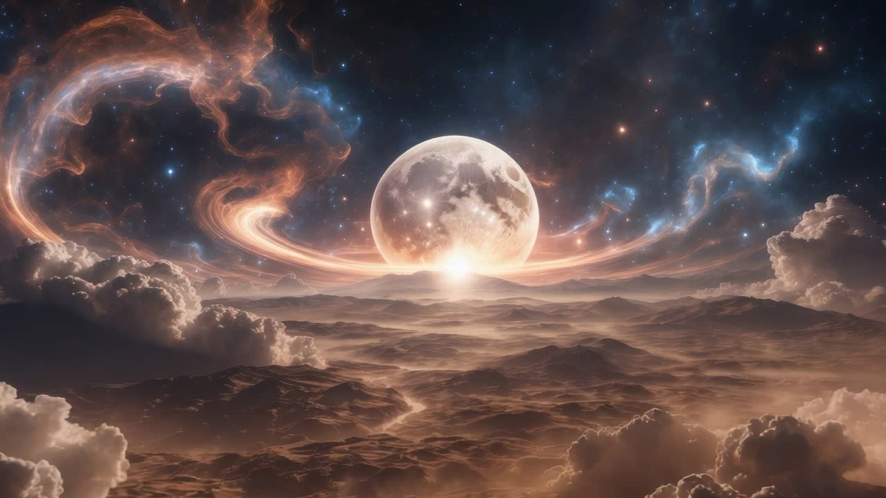 Cosmic Moonrise Over a Fantastical Alien Landscape
