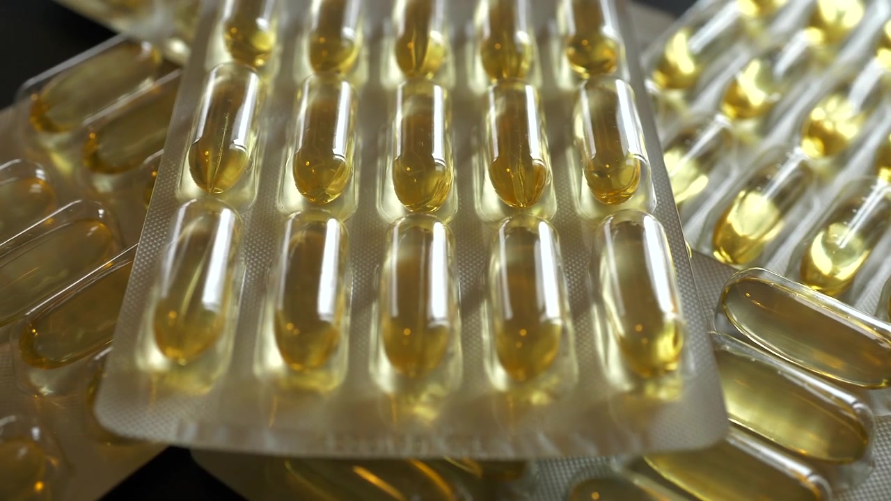 Primo piano di capsule dorate di olio di pesce Omega-3 in blister