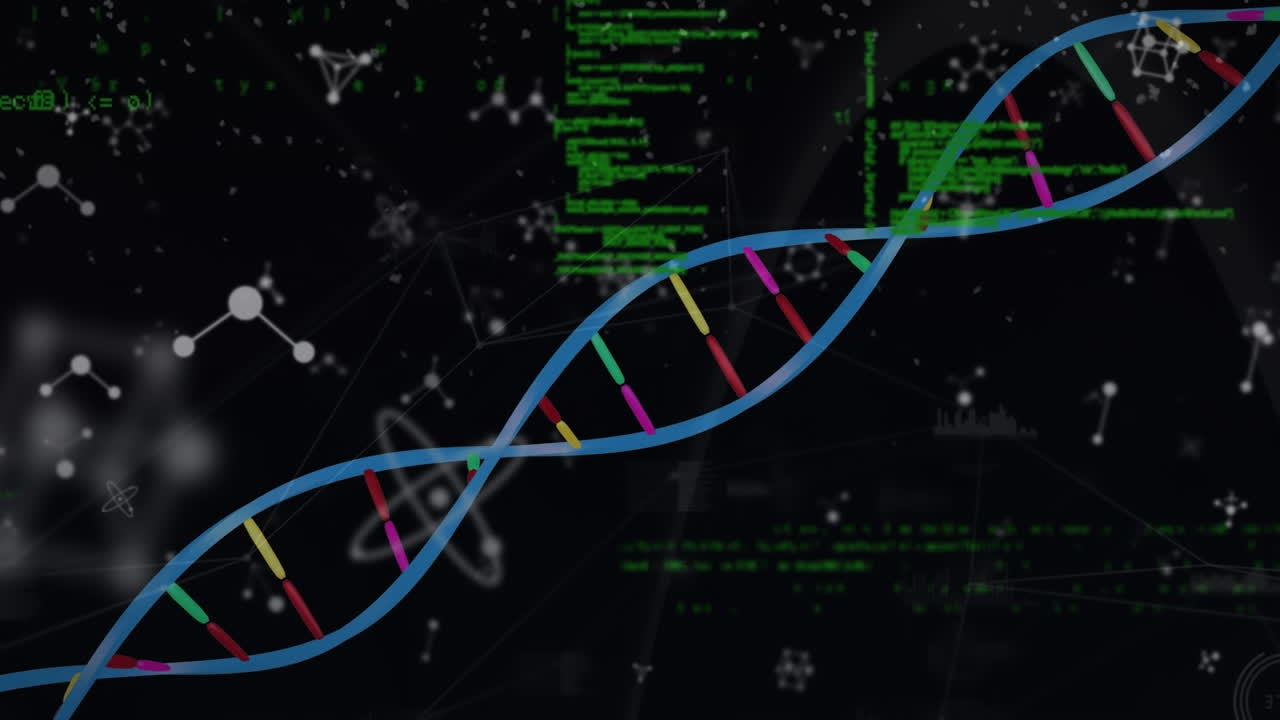 Animation of dna and molecular structures over data processing against black background