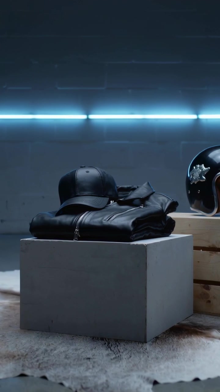 Vertical video: Pushing camera nudging recentering over studio plinth with jacket, cap, helmet