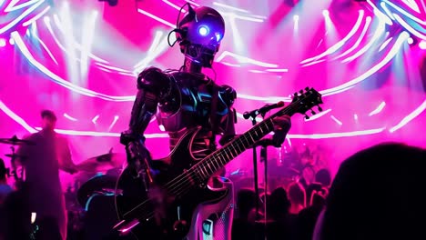 a robot playing a bass guitar in front of a crowd