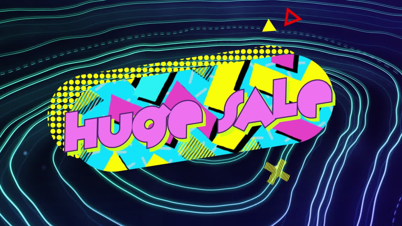 파란색 배경에 대한 지형 패턴 위에 거대한 판매 텍스트 배너의 애니메이션