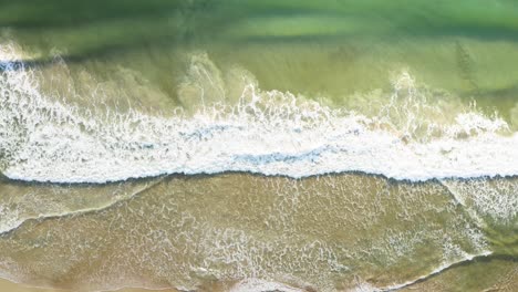 beautiful aerial cinematic top view of waves in a brazilian beach with emerald clear water at golden hour