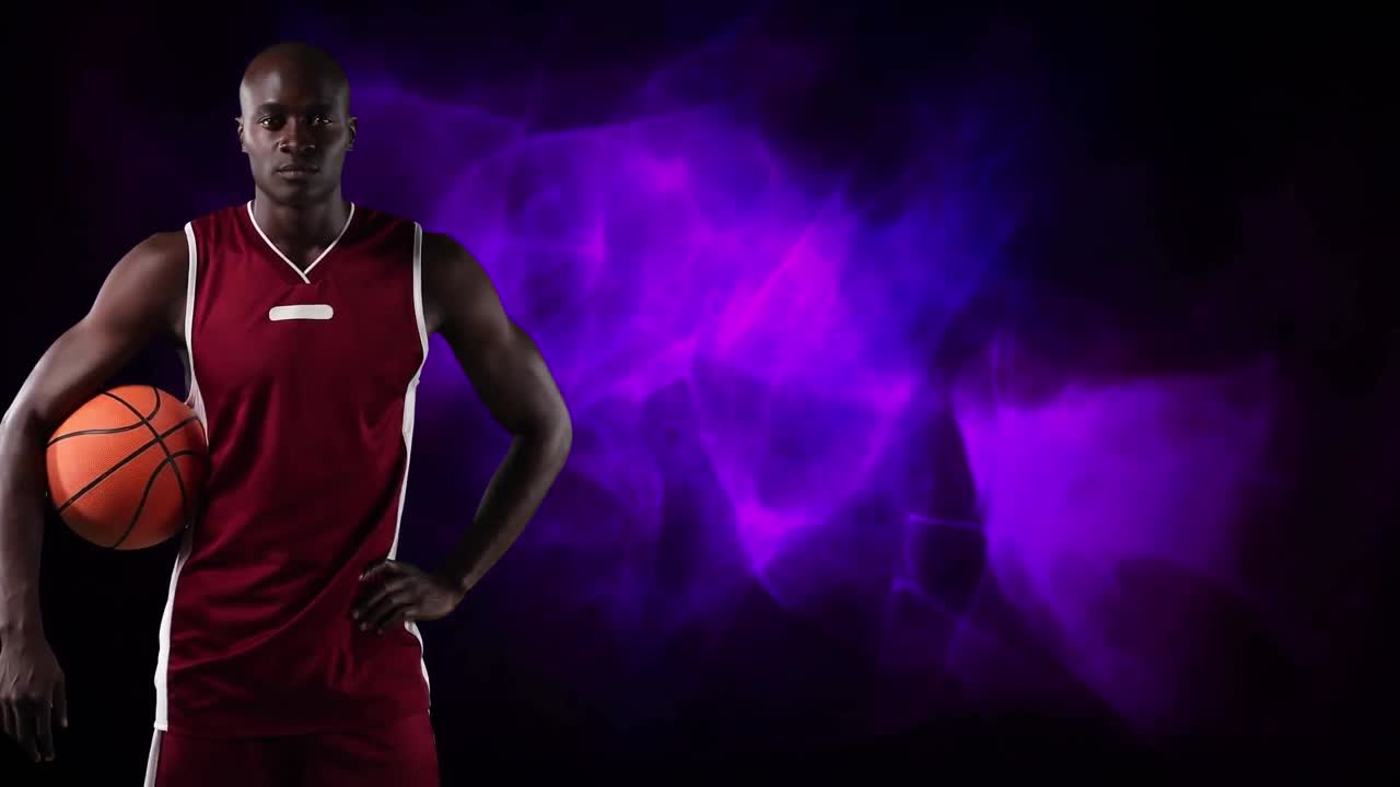 라이트 트레일 위에 공을 들고 있는 농구 선수의 애니메이션