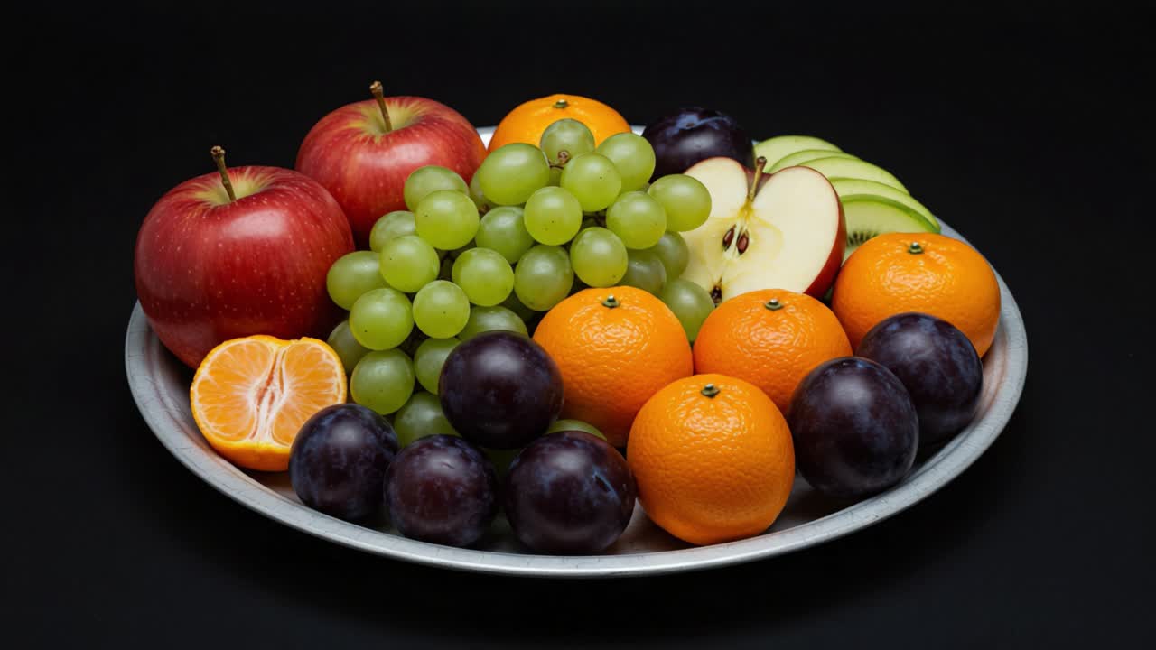 Et levende utvalg av fersk frukt på et sølvfat: Epler, appelsiner, druer og mer, klare til å glede sansene med farge og smak