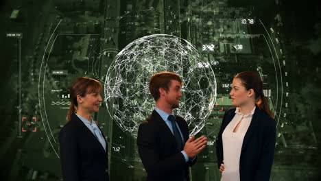 animation of happy caucasian male and female businesspeople over globe and diverse data