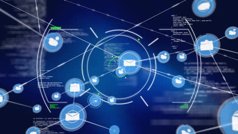 animación del escaneo del alcance a través de una red de iconos digitales y procesamiento de datos sobre fondo azul