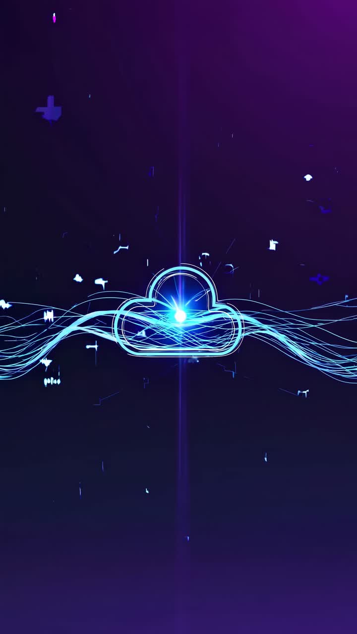 Futuristic cloud computing concept with neon lines, viewed from a front angle