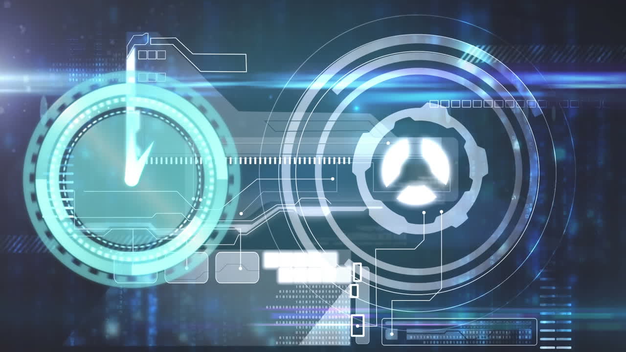 animación de un reloj moviéndose rápidamente con escaneo de alcance y procesamiento de datos en la pantalla