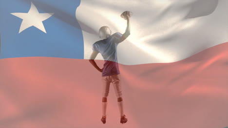 holding football, american player posing over chilean flag background in animation