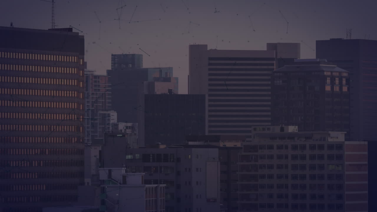 Animación de red de conexiones sobre paisaje urbano
