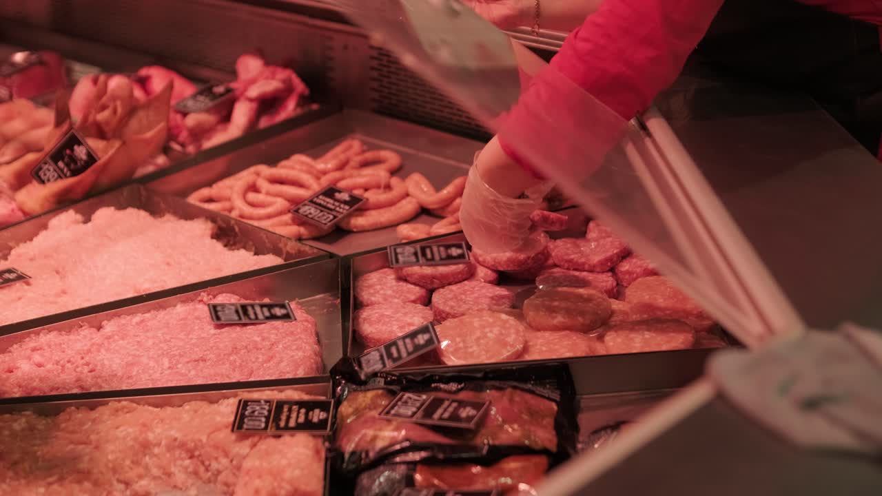 Butcher placing raw meat patties into plastic container at meat counter