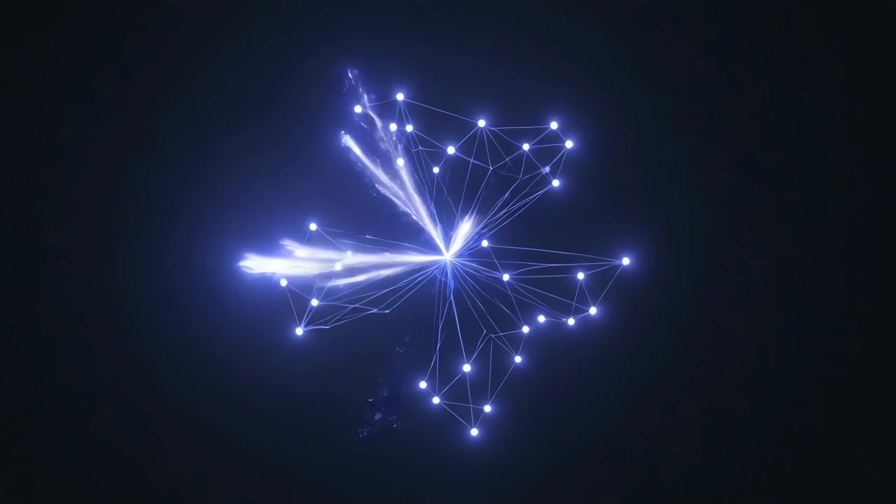 Flaring bright emitter sending filament beams in black void, energizing nodes, zooming camera