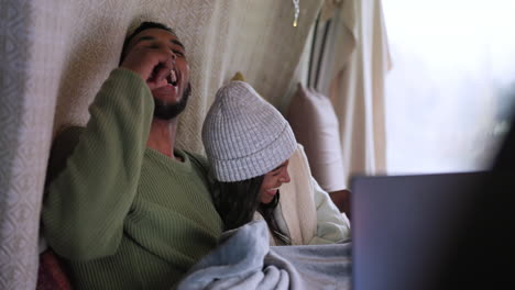 Happy-couple,-tent-and-laptop-with-laugh