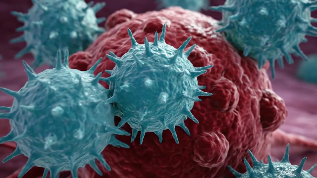 Animazione 3D di una cellula tumorale attaccata da virus