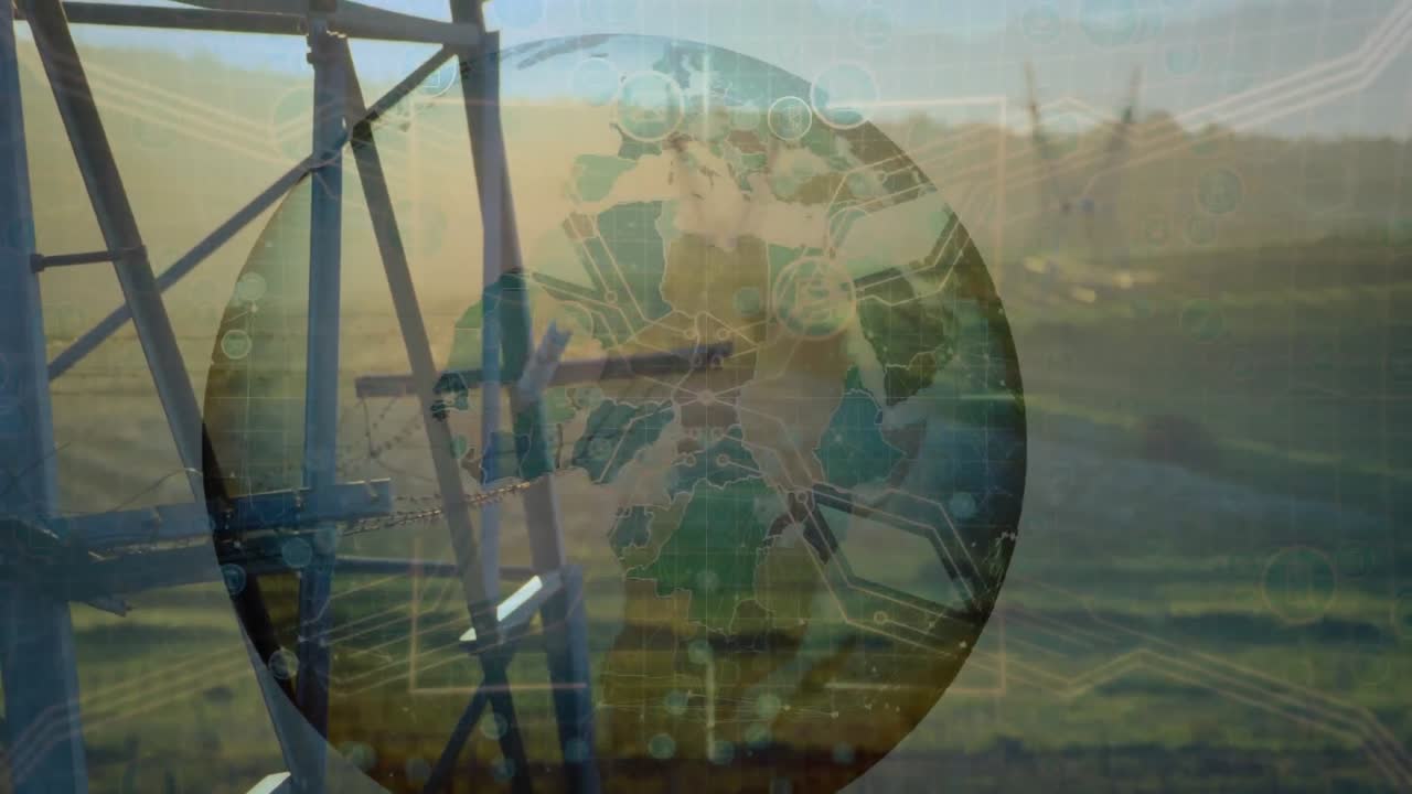 animación del globo sobre el paisaje con pilones de electricidad