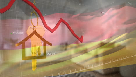 animation of red diagram, data processing and flag of germany over house and keys