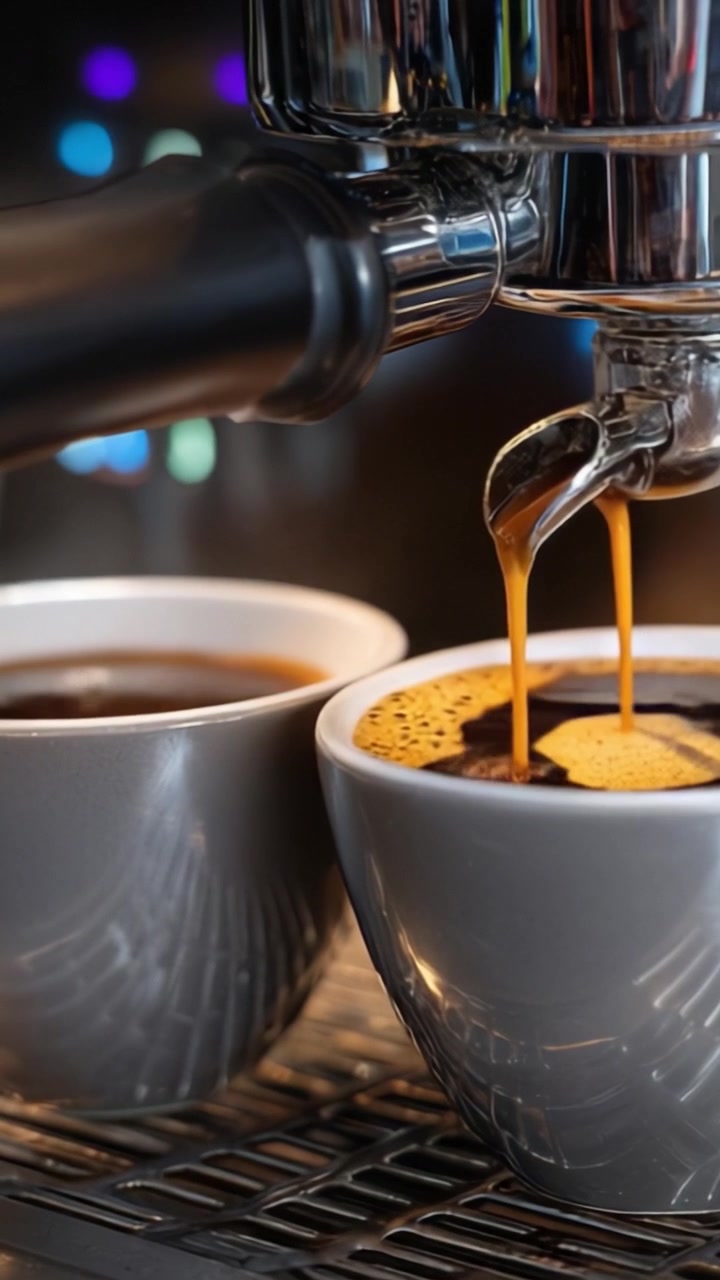 Processo di preparazione artigianale del caffè: Estrazione dell'espresso da una moderna macchina da caffè in tazze eleganti, che cattura aromi ricchi e una crema saporita.