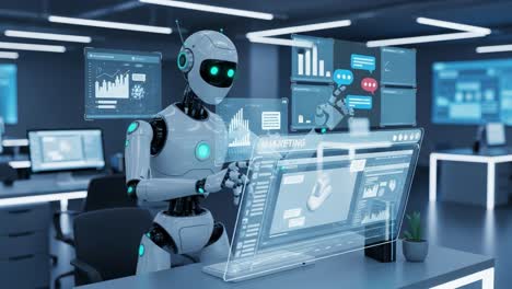 futuristic robot analyzing data and marketing trends in a high-tech office environment with advanced interactive displays and virtual interfaces