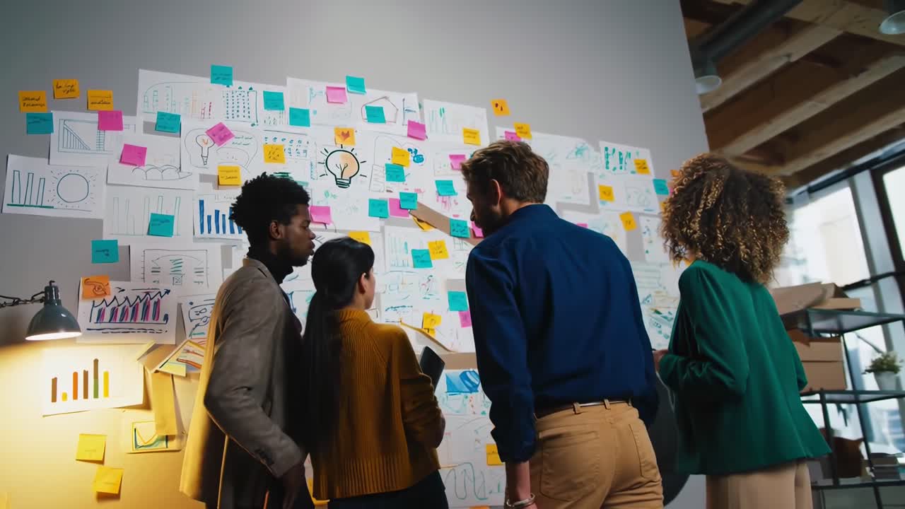 Team brainstorming with sticky notes on a wall, captured from a low angle in a dynamic video